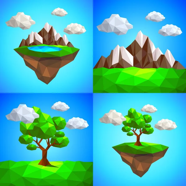 Low poly landscape with tree mountains and floating island vector — Stock Vector