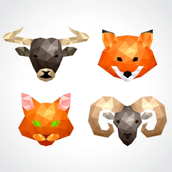 Low poly animals bull fox cat ram vector set — Stock Vector