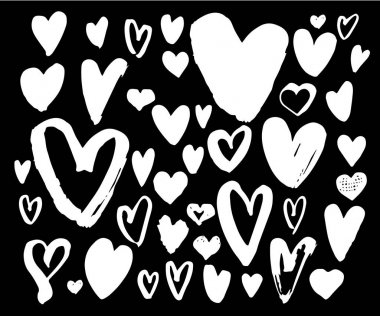 Fırça kalem kalp büyük seti. El yazısı farklı kalpler koleksiyonu