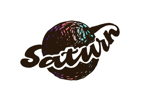 Saturno escrito. Inscripción caligráfica dibujada a mano. Cepillo pluma — Vector de stock