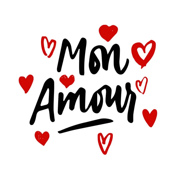 Mon Amour belettering, hart illustratie. Mijn liefde in Franse hand — Stockvector