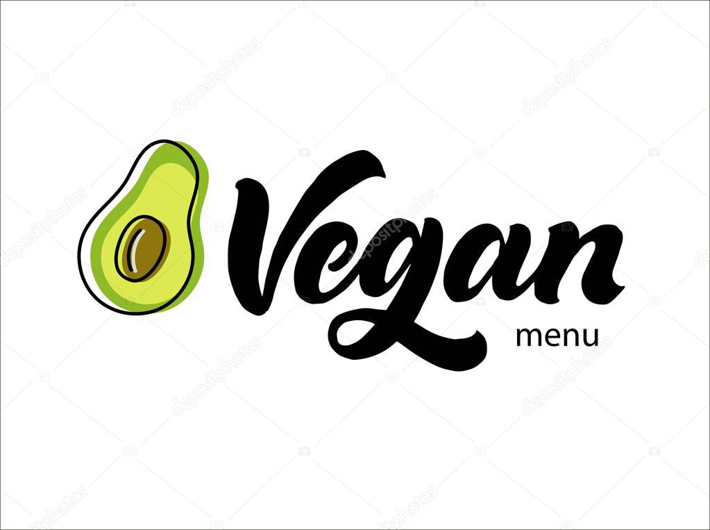 Vegan logotype. Handwriting calligraphy lettering with avocado vector illustration. Modern trendy brush pen hand drawn style logo. Graphic simple and clean inscription for menu, store, cafe, food. Eps