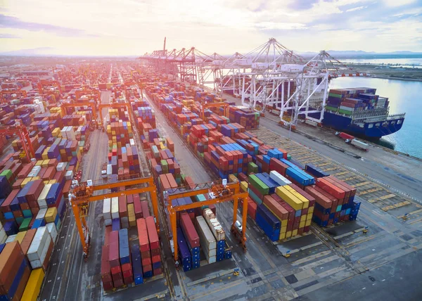 Aerial top view container in port warehouse waiting for export . — Stock Photo, Image