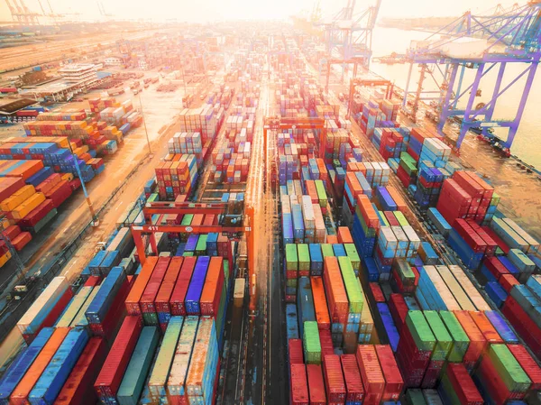 Aerial top view container in port warehouse waiting for export . — Stock Photo, Image