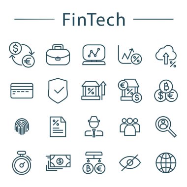 Fintech satır Icons set. Vektör çizim. Blockchain, bitcoin, parmak ucu, küresel, kartı, banka notları simgeler dahil.