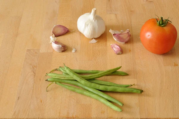 Fagiolini Aglio Pomodoro Legno Dall Alto — Foto Stock