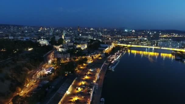 Şehir Manzaralı Nehir Gece Hava Yukarıda — Stok video