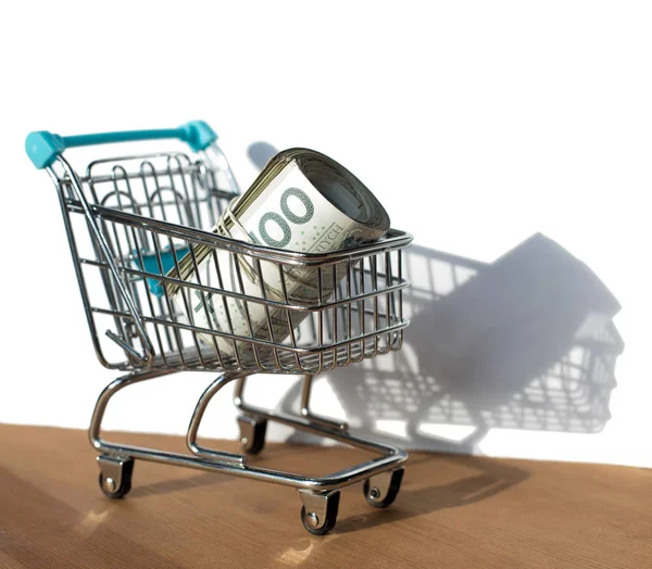 Shopping cart filled with polish zloty - banknotes - currency, money in shopping cart — Stock Photo, Image