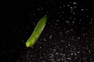 cucumber with splashing water or explosion flying in the air isolated on black background