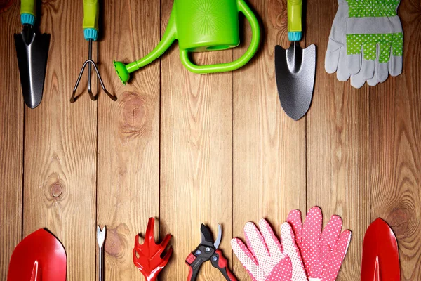 Green Seedling Pots Tools Wooden Background Ecology Theme — Stock Photo, Image