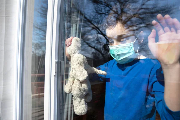 Stay Home Quarantine Coronavirus Pandemic Prevention Sad Child His Teddy — Stock Photo, Image