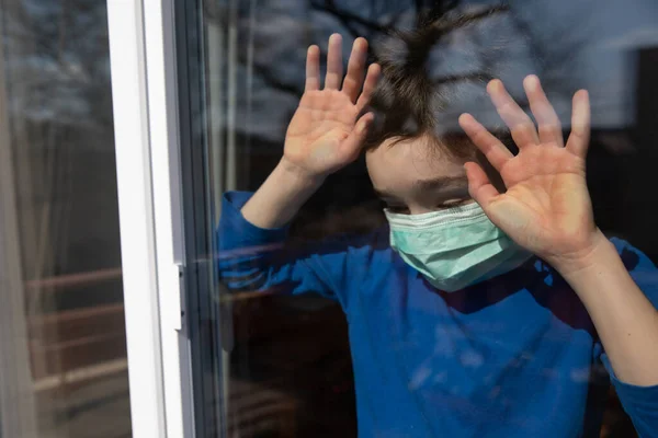 Stay Home Quarantine Coronavirus Pandemic Prevention Sad Child His Teddy — Stock Photo, Image