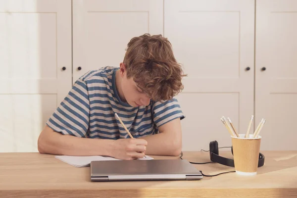 Підліток Вчиться Користуватися Ноутбуком Він Робить Нотатки Олівцем Бере Участь — стокове фото