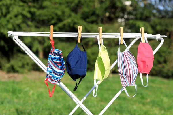 Hygienic Mask Hanging Rack Outdoor Being Washed Cleanness Hygiene Covid — Stock Photo, Image