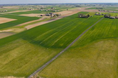 Polonya topraklarıyla birlikte ilkbahar havası. Tipik Polonya manzarası yukarıdan çekilmiş. Tarım alanlarının havadan görünüşü