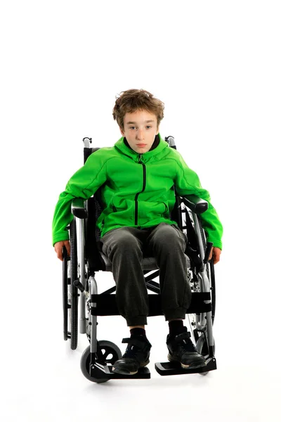 Little Boy Wheelchair White Background Boy Sitting Wheelchair White Background — Stock Photo, Image