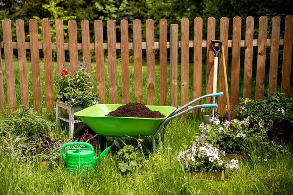 Concept Background Gardening Flores Uma Lata Rega Jardim Luvas Pequena — Fotografia de Stock