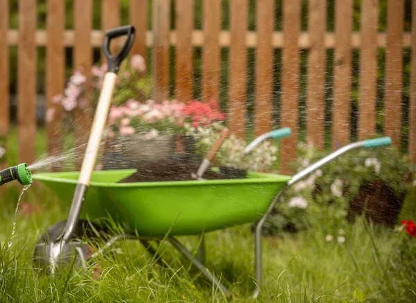 Konzeptioneller Hintergrund Für Die Gartenarbeit Blumen Eine Gartengießkanne Handschuhe Kleine — Stockfoto