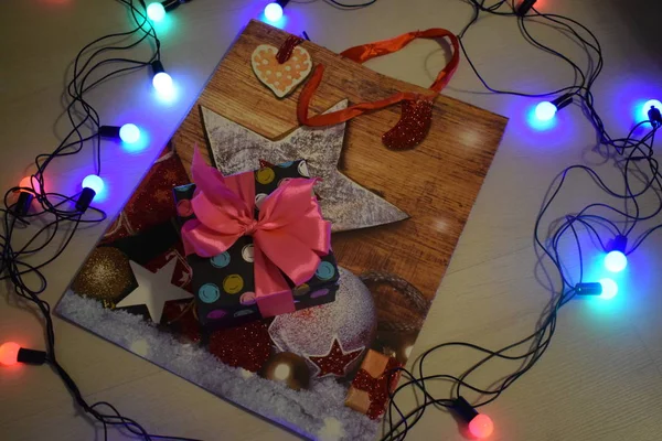 Bolso Navidad Sobre Fondo Madera — Foto de Stock