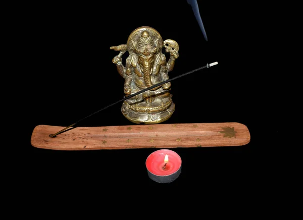 Estatua Ganesha Una Vela Encendida Incienso — Foto de Stock