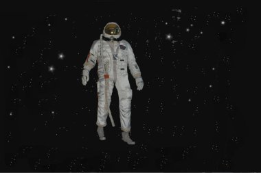 Yıldızlı gökyüzünün arka planında bir astronotun uzay elbisesi