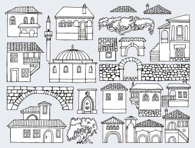 Siyah ve beyaz çizgi çizme. Cityscape öğeleri kümesi vektör. El 