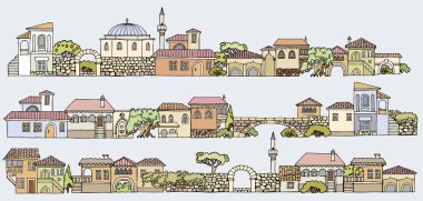 Çizgi çizme. Cityscape öğeleri kümesi vektör. İzole s el çekilmiş