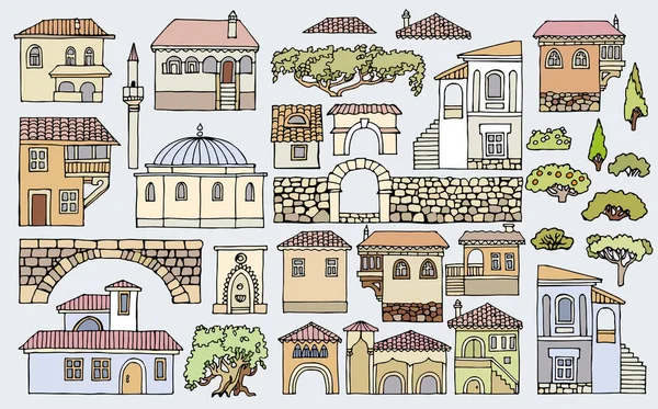 Cityscape öğeleri kümesi vektör. İzole yarım yamalak evler el çekilmiş