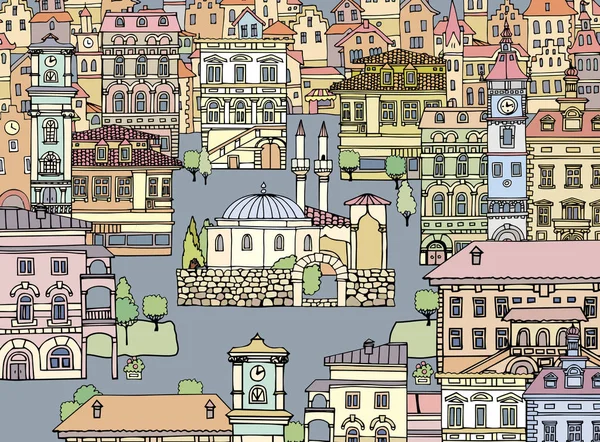 Bir Avrupa şehri Minare Camii. Kroki, elle çizilmiş, cartoo