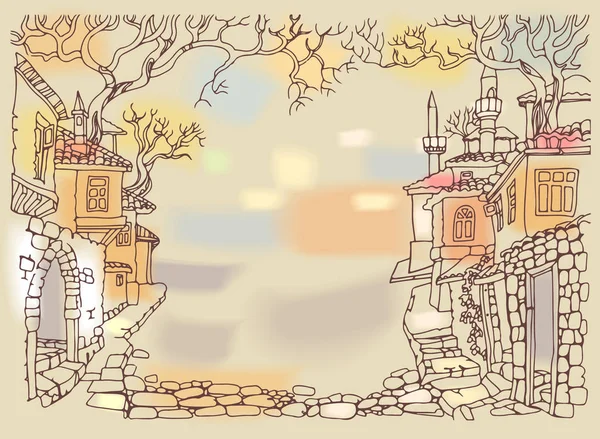 동양 시의 오래 된 거리입니다. 손으로 그린 스케치 집과 나무. — 스톡 벡터