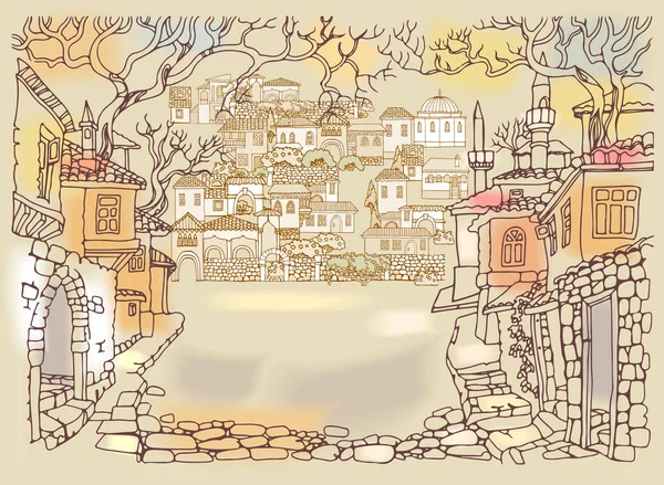 东方市旧街。手绘草图的房屋和树木. — 图库矢量图片