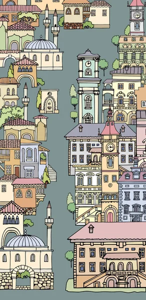 De smalle straat van Europese steden. Andere shape oude huizen. Rechtenvrije Stockvectors