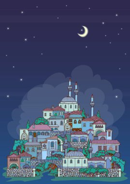 El çekilmiş yarım yamalak eski oryantal şehir. Ortadoğu geleneksel ark