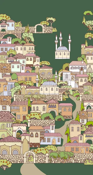 Calle de la ciudad vieja.Dibujadas a mano casas y arboles.Orien — Archivo Imágenes Vectoriales