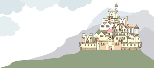 Paisagem com antigo castelo medieval na colina. Mão desenhada s —  Vetores de Stock