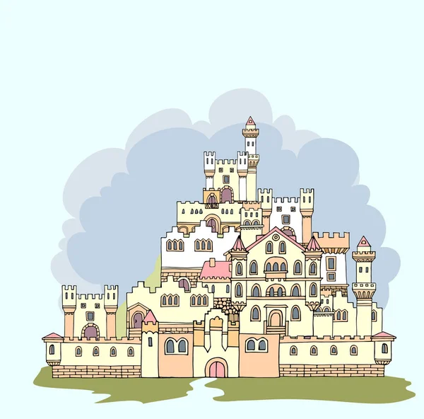 Paisaje con el antiguo castillo medieval. Fortr dibujado a mano — Archivo Imágenes Vectoriales