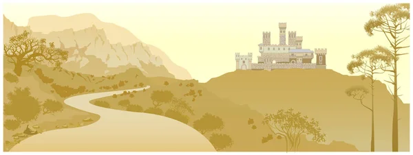 Paesaggio montano con antico castello medievale sulla collina. Han. — Vettoriale Stock