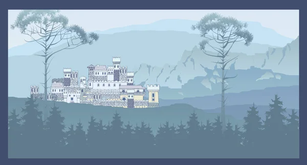 Horská krajina s starého středověkého hradu na kopci. Pánev — Stockový vektor