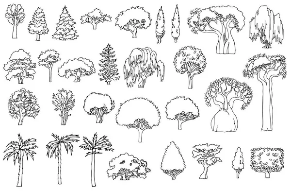 黒と白の線の描画。風景の手には、孤立した要素ベクトルを設定が描かれました。様々 な形の大ざっぱな木々 や茂み — ストックベクタ