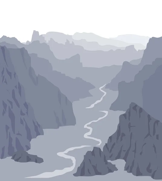 Ilustración vectorial panorámica. Paisaje con enormes montañas grises — Vector de stock