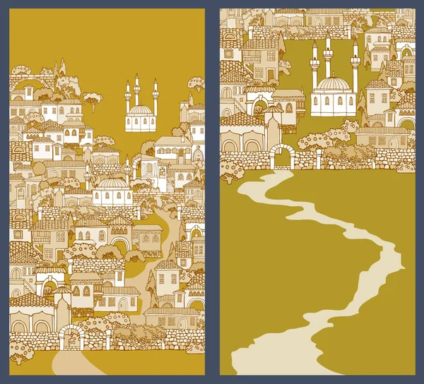Street of the old city.Hand drawn sketchy houses and trees.Orien — Stock Illustration Street of the old city.Hand drawn sketchy houses and trees.Orien Royalty Free Stock Illustrations