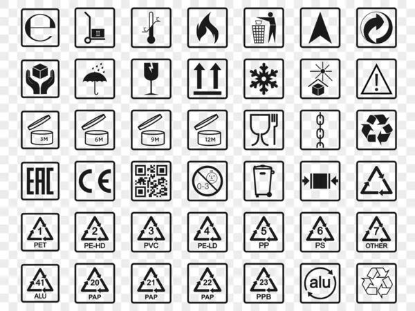 Verpakking pictogrammen, pakket ondertekent set. Vector illustratie, plat ontwerp. — Stockvector