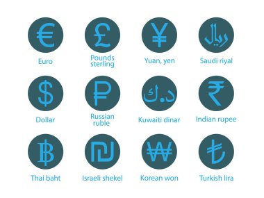 Para birimi, simge seti. Vektör illüstrasyonu, düz tasarım.