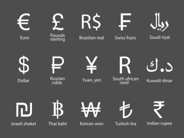 Para birimi, simge seti. Vektör illüstrasyonu, düz tasarım.