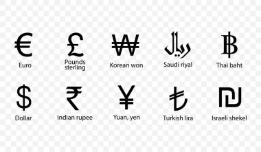Para birimi, simge seti. Vektör illüstrasyonu, düz tasarım.