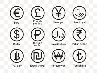 Para birimi, simge seti. Vektör illüstrasyonu, düz tasarım.