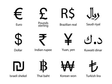 Para birimi, simge seti. Vektör illüstrasyonu, düz tasarım.