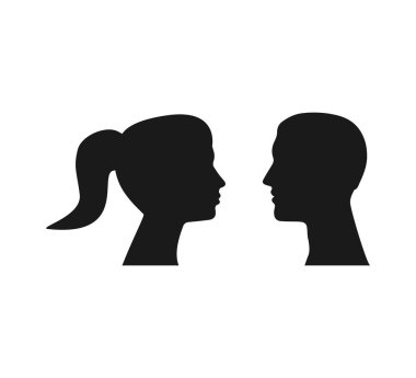 Kadın, erkek baş silueti. Vektör illüstrasyonu, düz tasarım.