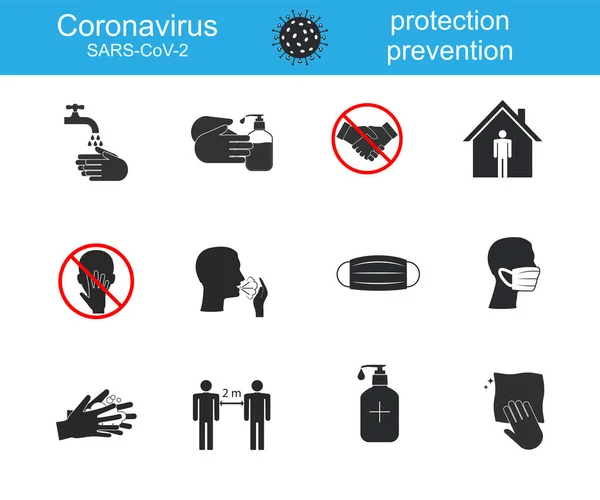 Ikon pencegahan penyakit Coronavirus. Vektor ilustrasi, desain datar. - Stok Vektor