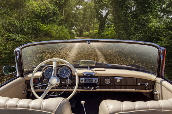 Intérieur Voiture Vintage Arrêté Sur Chemin Terre Avec Des Arbres — Photo